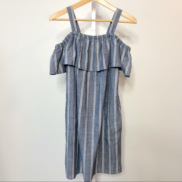 J Crew Factory Chambray Ruffle Neck Dress Small - Picture 2 of 8